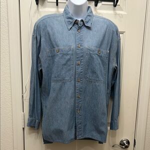 Lizwear Blue Denim Button Down Shirt Collar 💯% Cotton Size Medium Long Sleeve